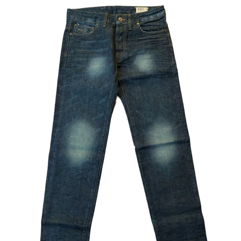 G-Star 3301 Red Listing Hammered Low Tapered Blue Denim Jeans Sz 29 x 34 NWT